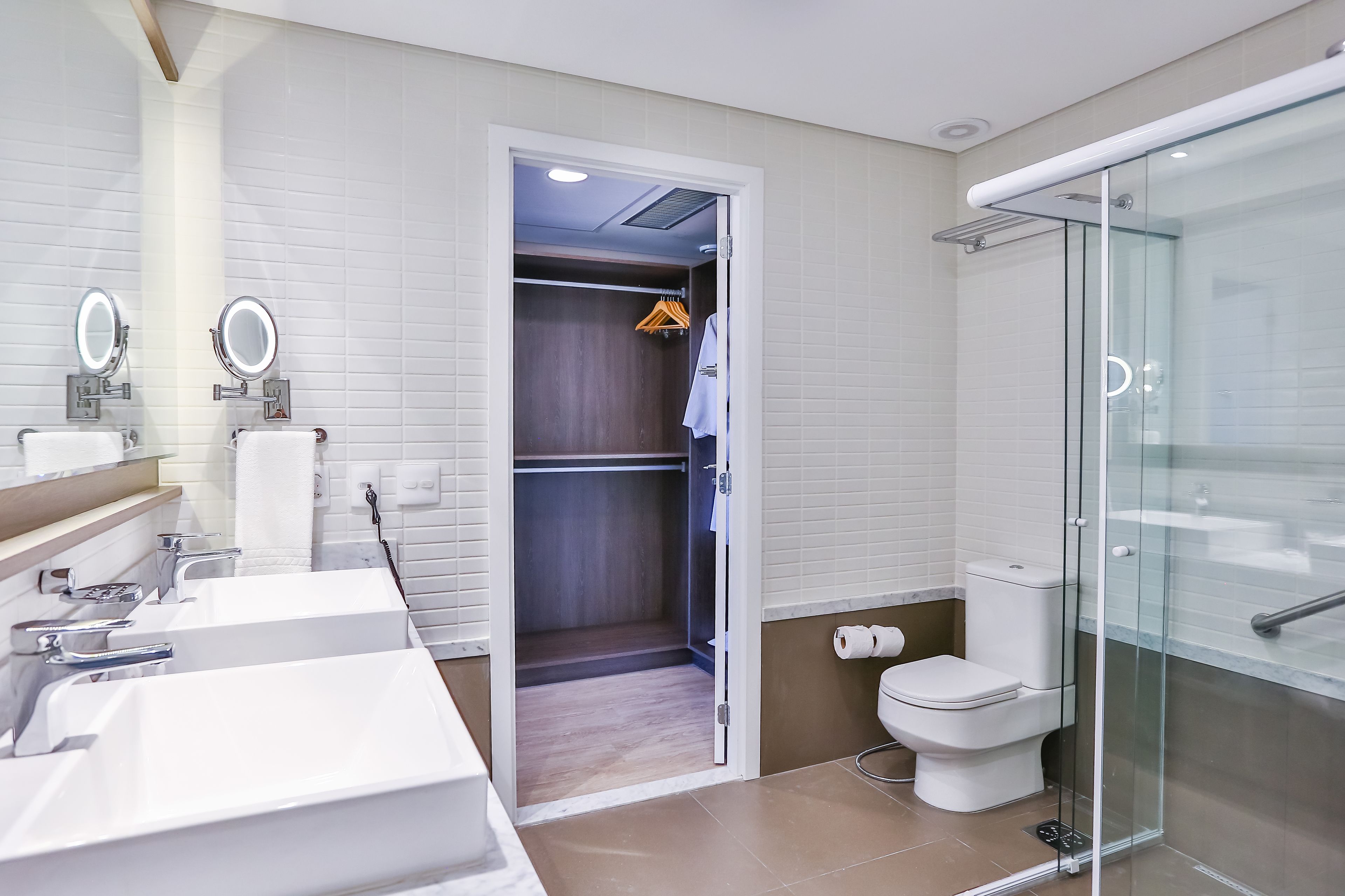 premium suite | bathroom | shower, rainfall showerhead, hair dryer, towels