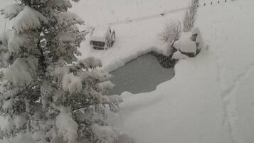 A snow-covered landscape with a pond, trees, and a fence.