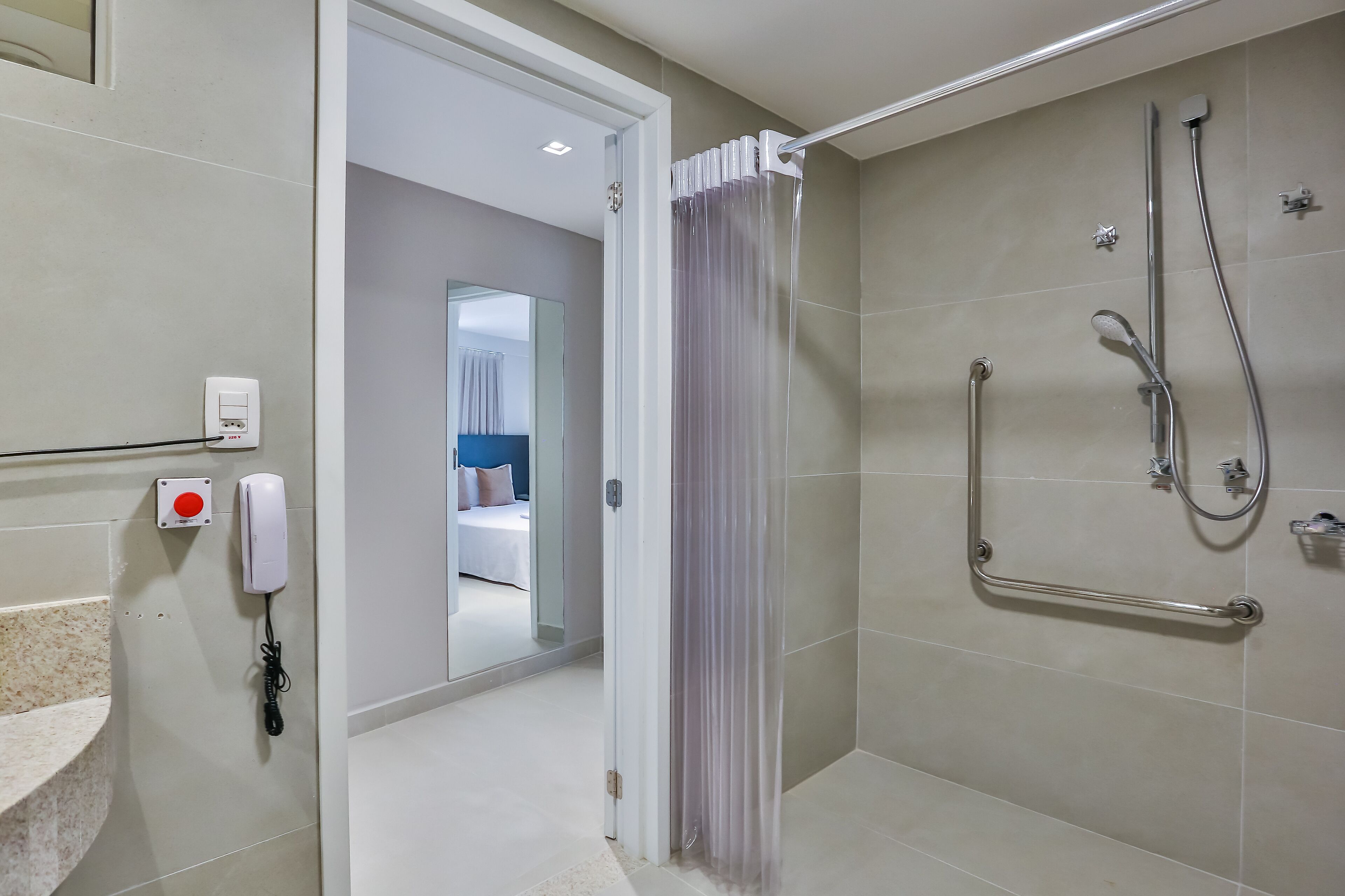 superior handicaped | bathroom | shower, free toiletries, hair dryer, towels