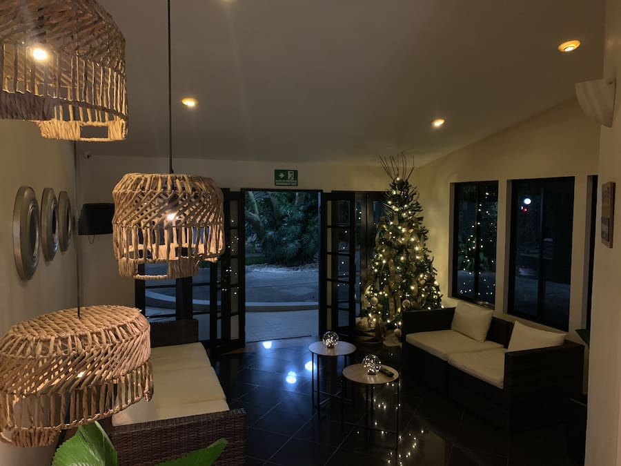 Una hall con un albero di Natale, mobili in vimini e una reception.