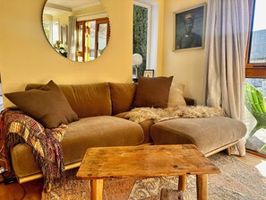 Smart TV, fireplace, books