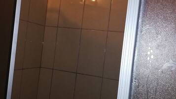 A shower area with tiled walls and a glass door.