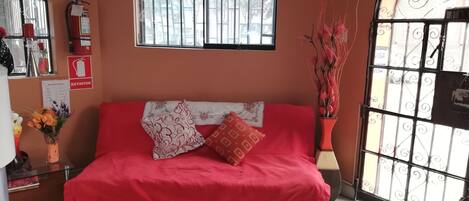 A red sofa with patterned cushions, a window with metal bars, a fire extinguisher, and a vase with flowers.