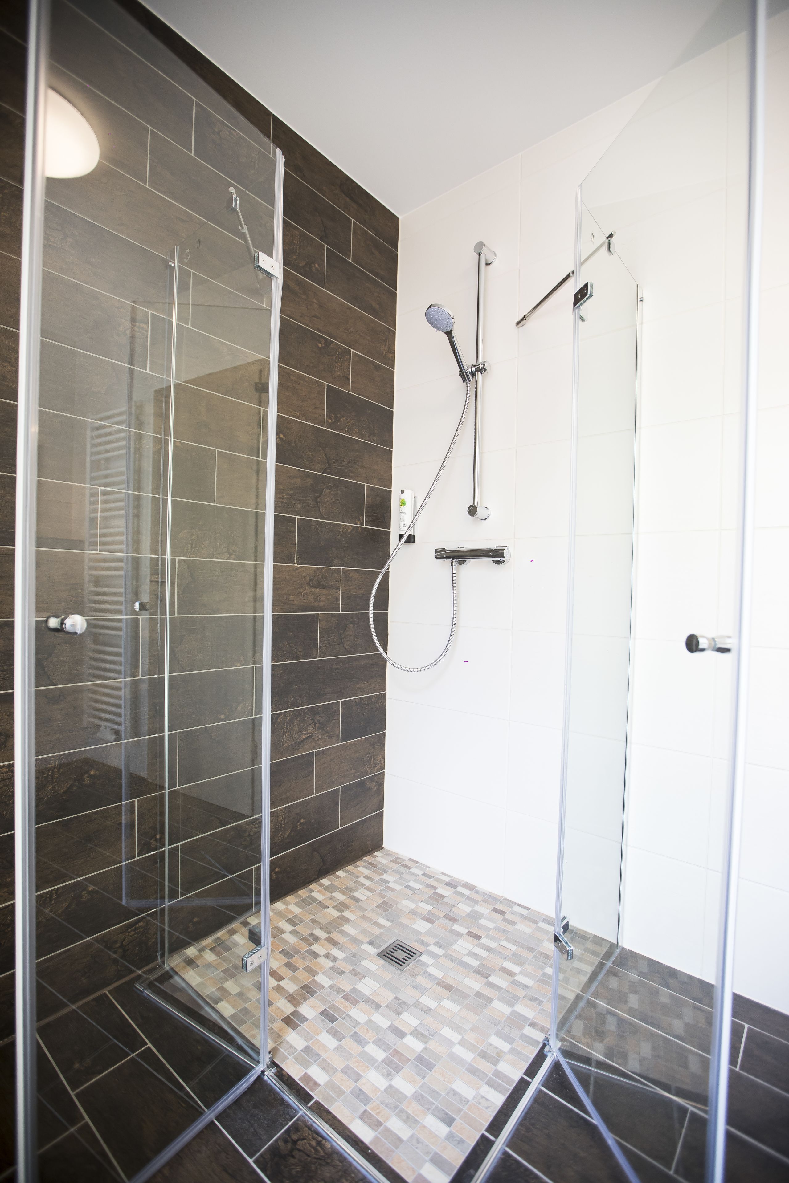 Dusj, regndusjhode, toalettartikler (inkludert) og hårføner