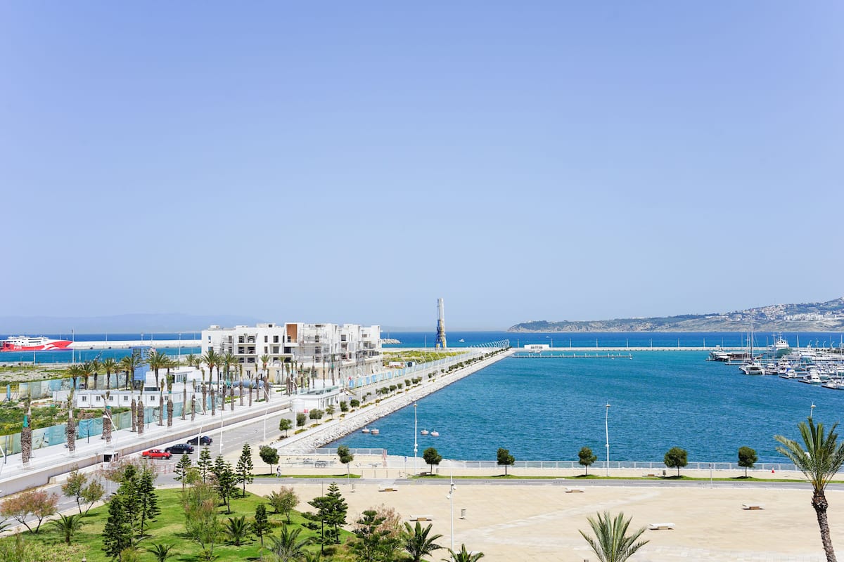 A coastal cityscape with a marina, a long promenade lined with palm trees, and modern buildings.