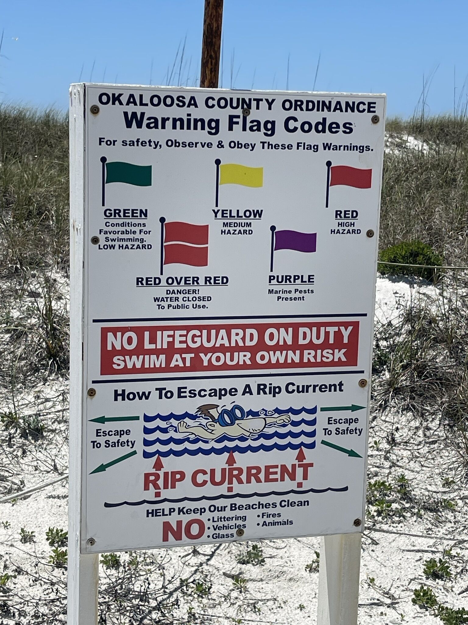A warning flag code sign for Oklahoma County beaches.
