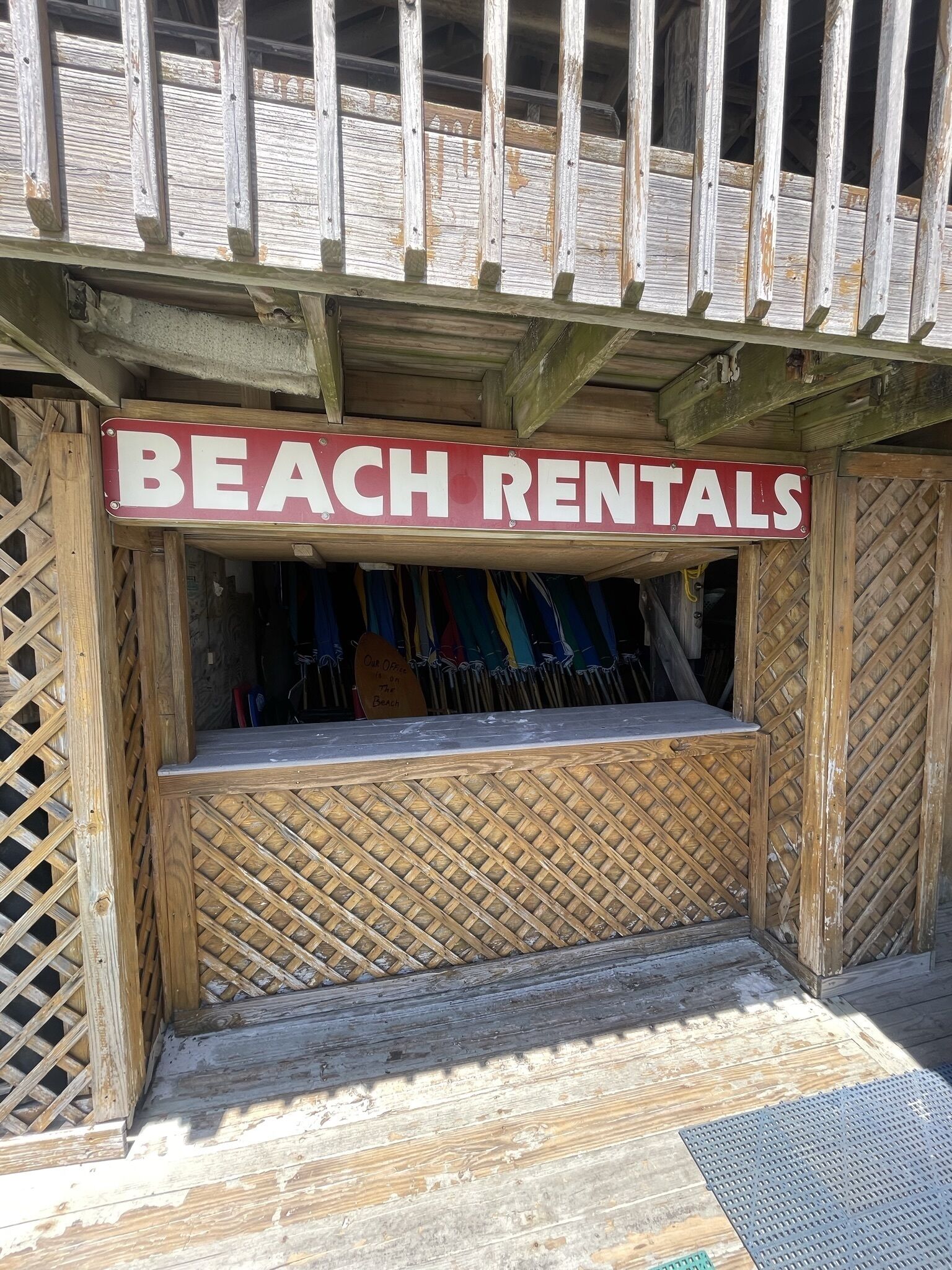 A wooden structure with a sign reading "BEACH RENTALS".