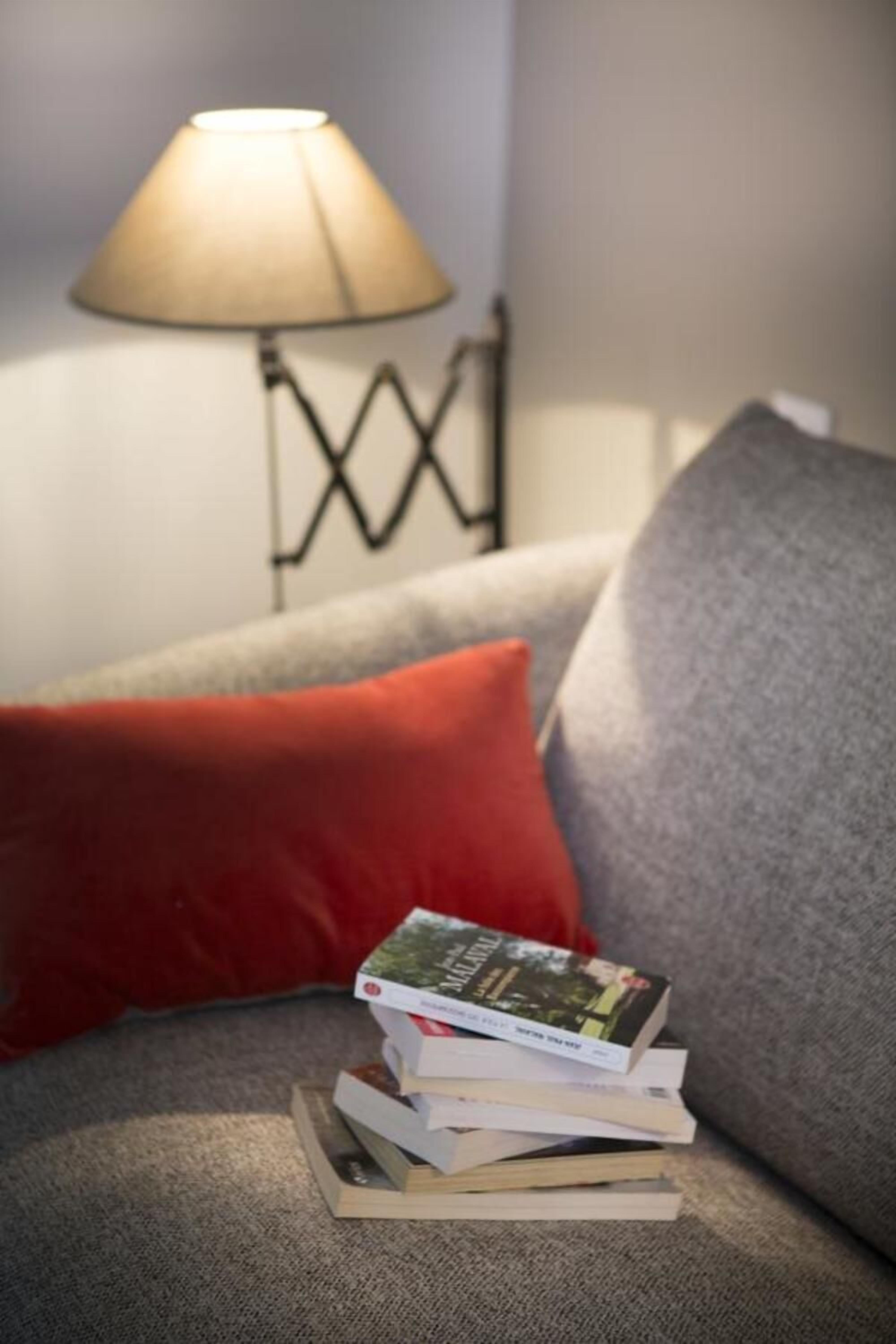 A grey sofa with a red pillow and a stack of books on a wooden stand.