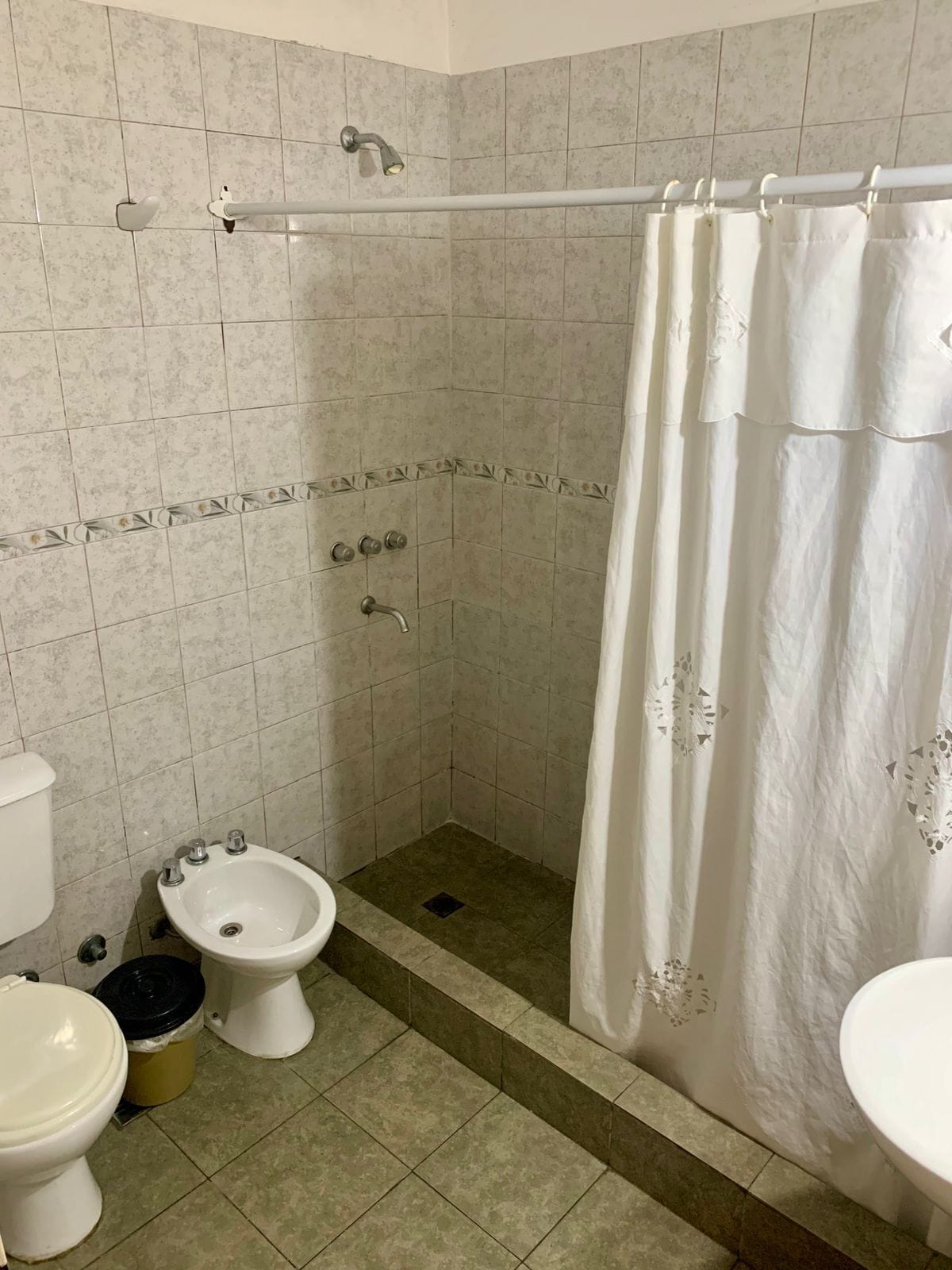 A bathroom with a shower, toilet, bidet, and sink.