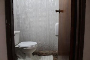 Regadera, toallas, jabón, papel de baño
