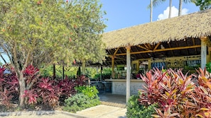 A covered outdoor seating area with a thatched roof, surrounded by lush greenery and a variety of plants.