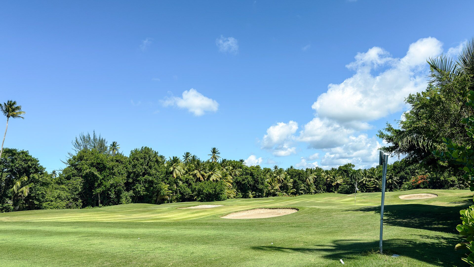 A golf course with well-maintained grass, sand bunkers, and a clear blue sky.