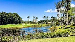 A golf course with a pond, palm trees, and a clear blue sky.