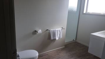 Shower, hair dryer, towels, toilet paper