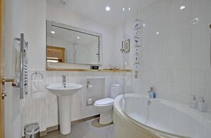 Combined shower/tub, hair dryer, towels, soap