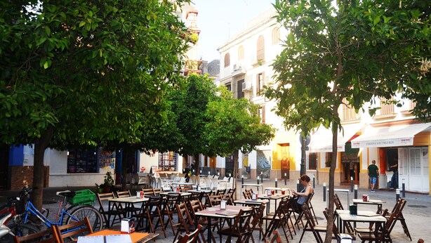 An outdoor cafe with tables and chairs under trees, surrounded by buildings. - GREAT APARTMENT IN CASCO ANTIGUO (Sevilla)
