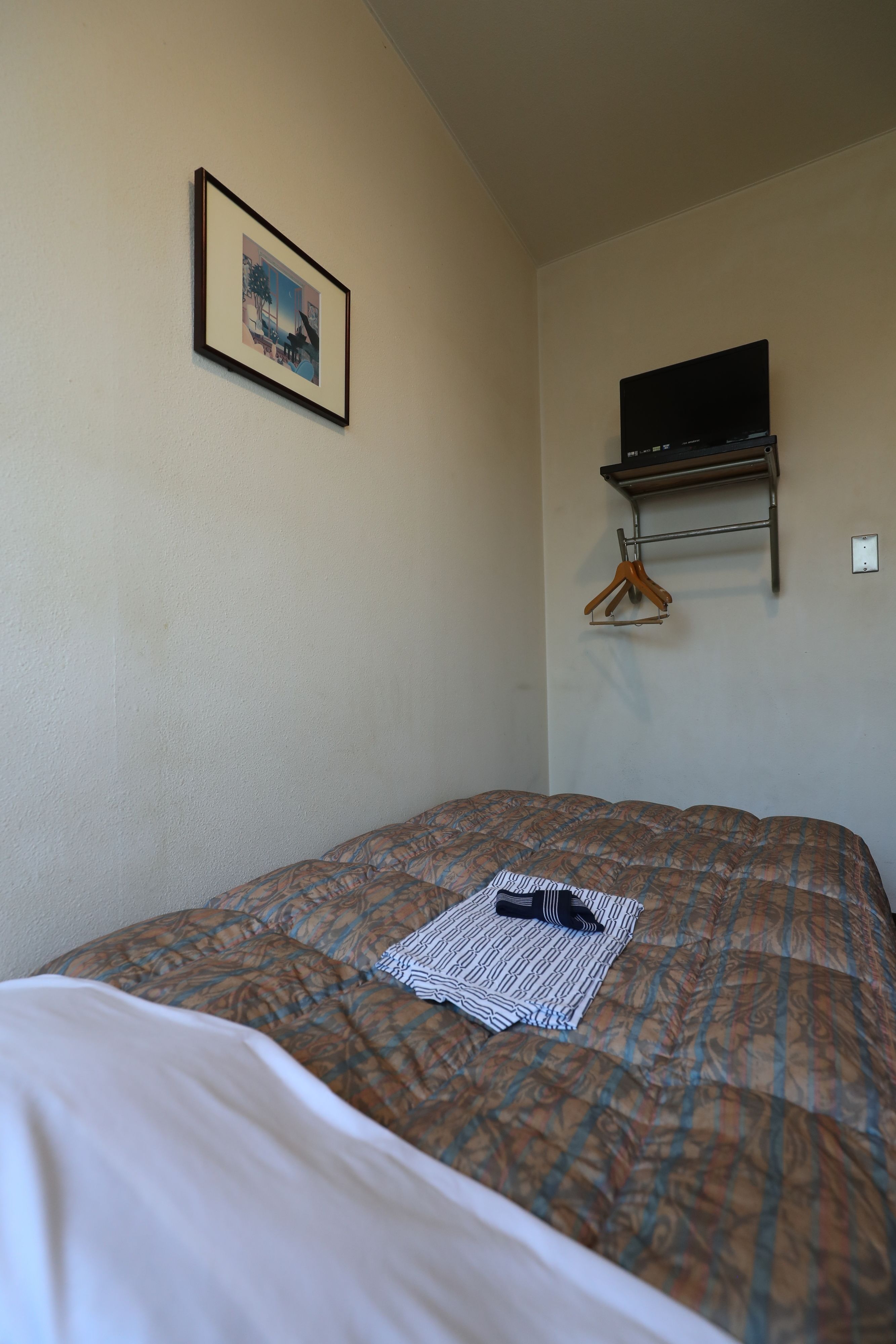 A single bed with a patterned bedspread, a framed picture on the wall, and a TV mounted above a wooden hanger.