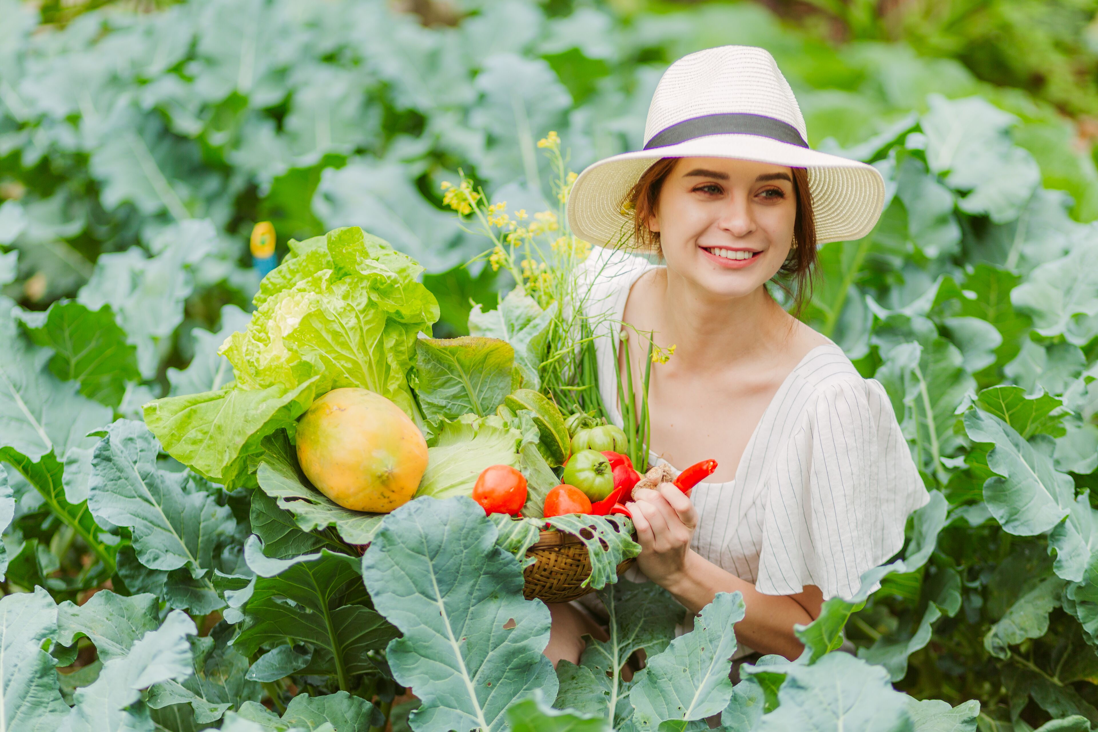 Eine Person hält einen Korb mit frischem Obst und Gemüse in einem üppigen, grünen Garten.