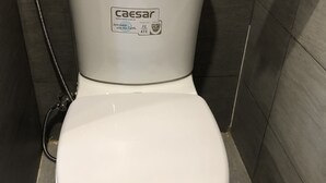 A toilet with a caesar sticker, a water-saving label, and a bidet attachment. - Queen Hotel 3 (Nha Trang)