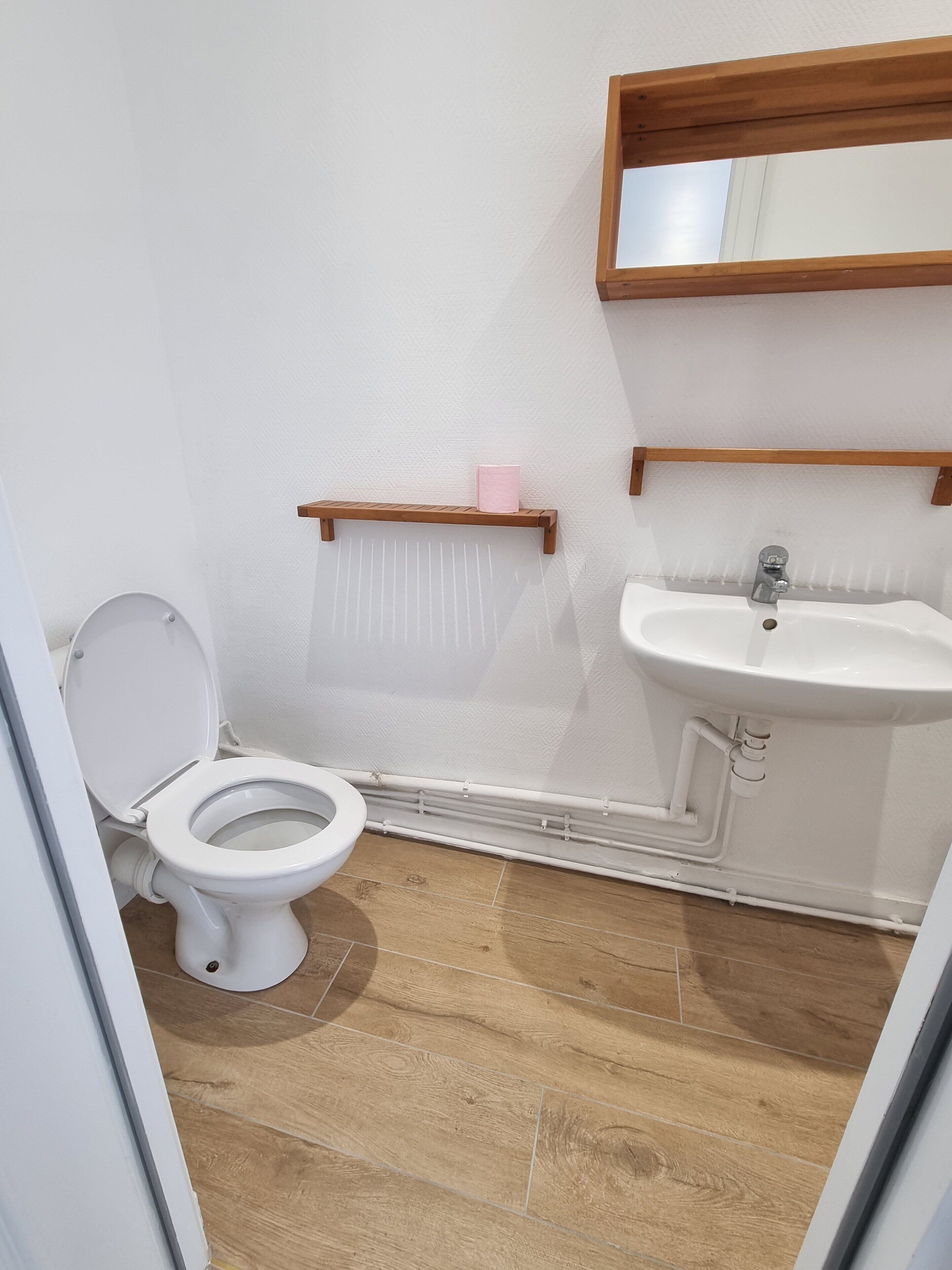 Un baño pequeño con inodoro, lavamanos y espejo.