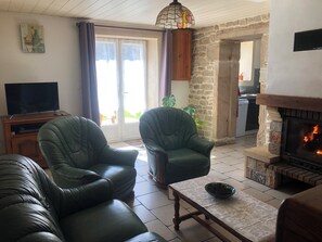 Télévision, cheminée, lecteur de DVD, baby-foot