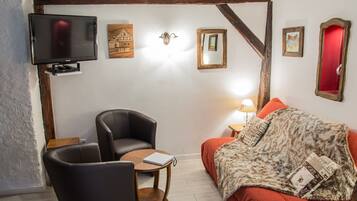 Flat-screen TV, DVD player, books