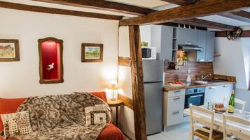 Flat-screen TV, DVD player, books