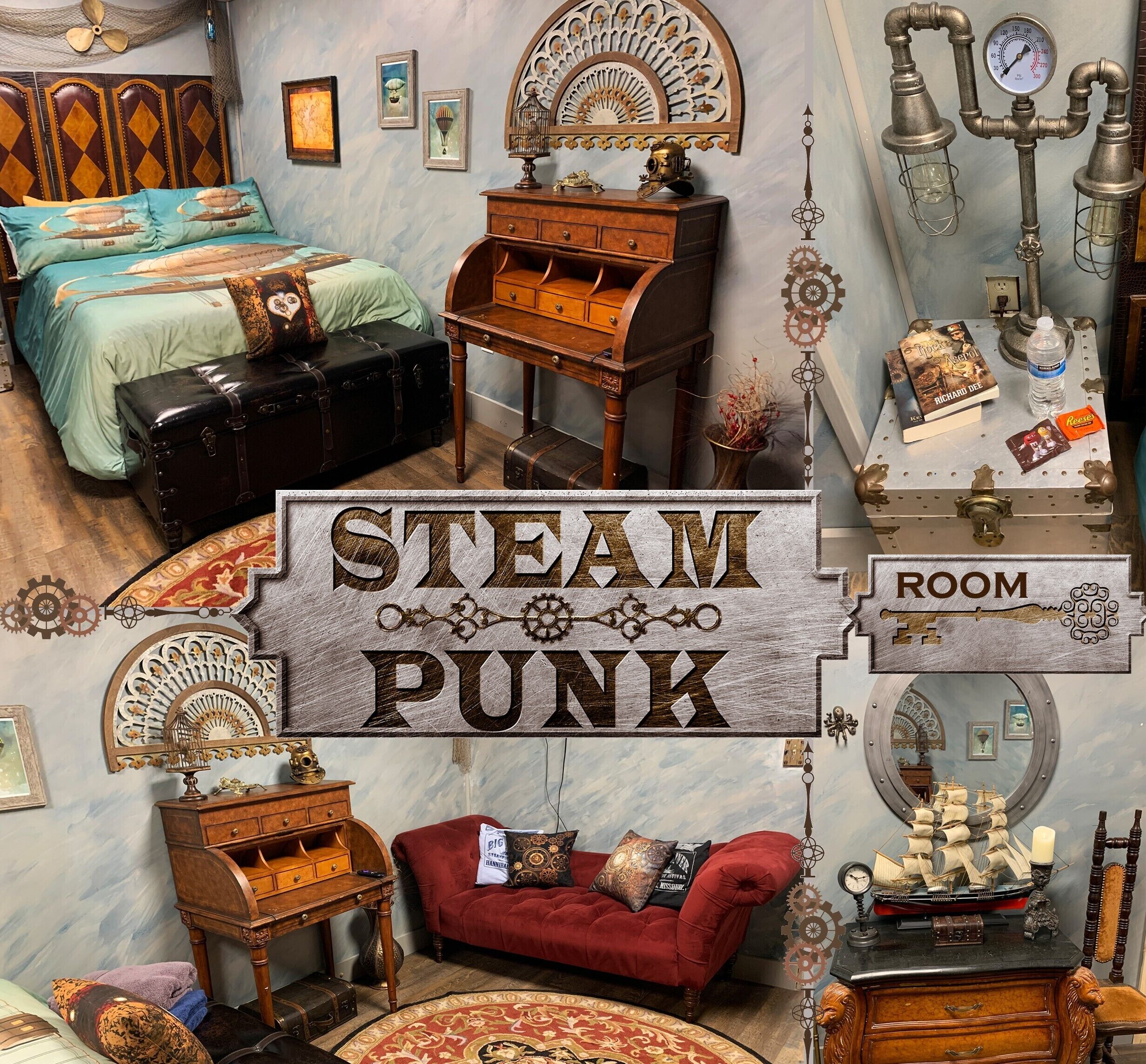 A room with a bed, a red sofa, a wooden desk, and a vintage-style mirror.
