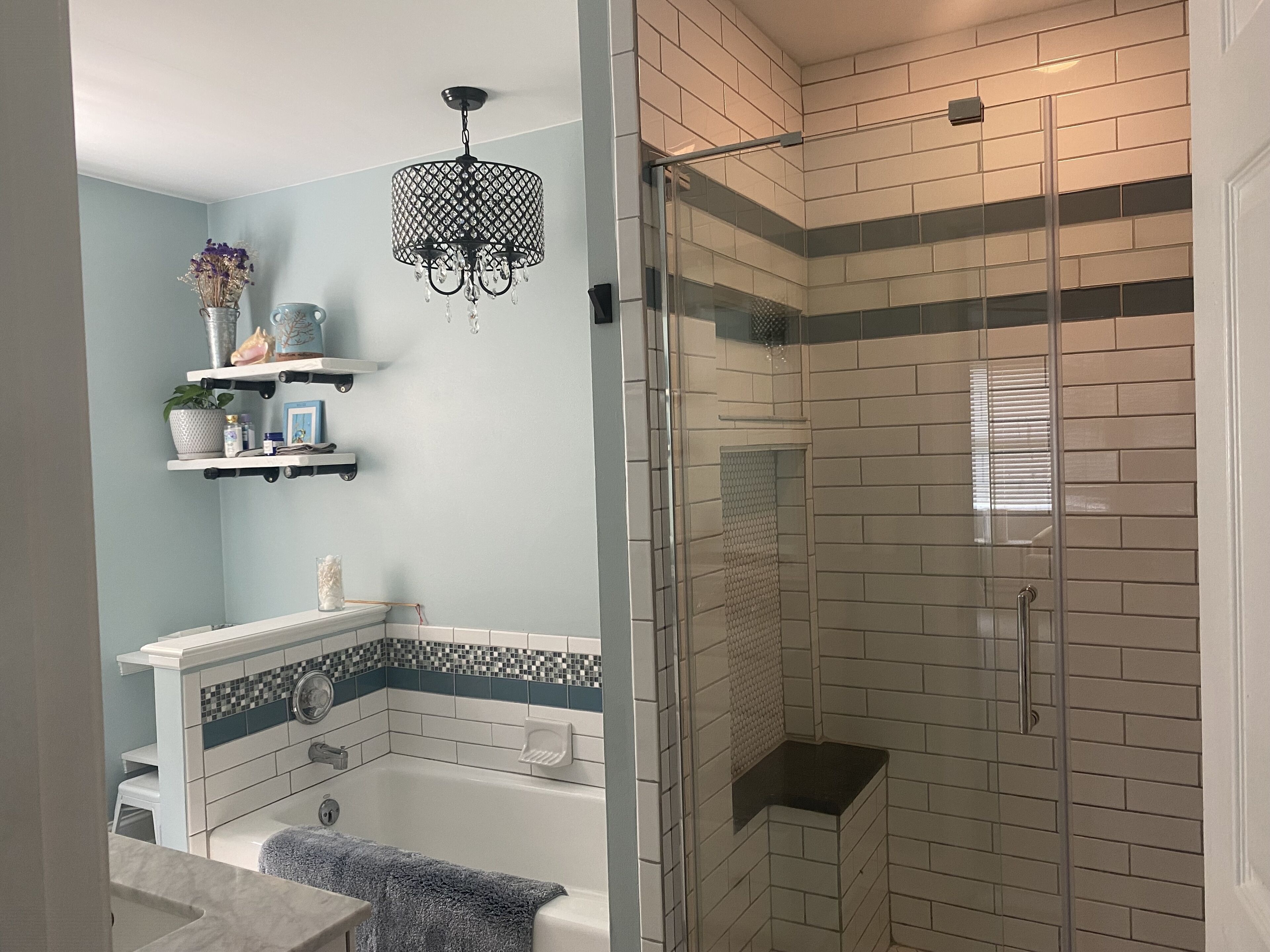 Bathtub, hair dryer, soap, shampoo