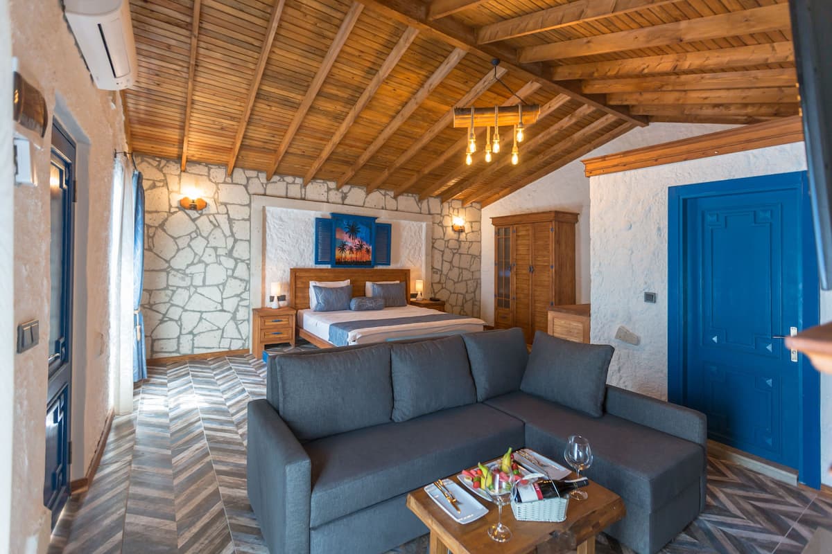 A bedroom with a bed, a sofa, a stone wall, and a blue door.