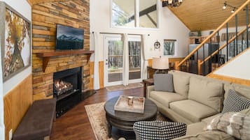 Smart TV, fireplace, books