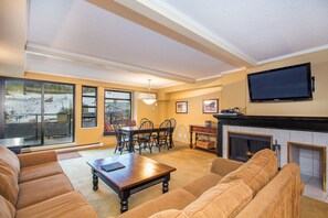 Televisión, chimenea y reproductor de DVD 