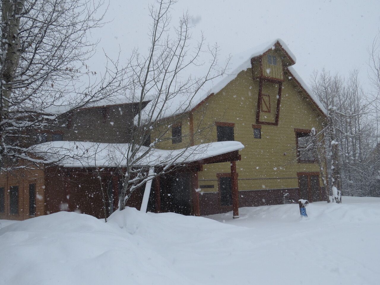 Ein zweigeschossiges Haus mit schneebedecktem Dach und Garten.