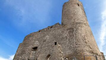 A historic stone castle with a prominent tower and arched windows.