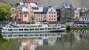 Riviercruiseschip met een vlak dek en meerdere ramen, aangemeerd nabij een waterkant met historische gebouwen en geparkeerde auto's.