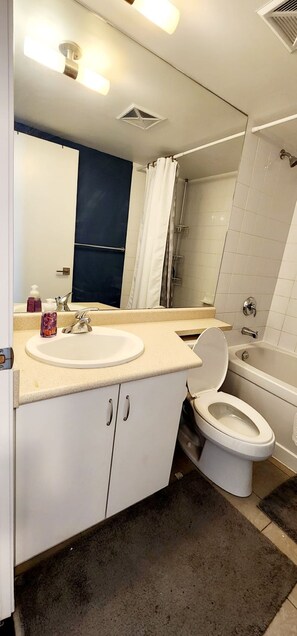 Combined shower/tub, hair dryer, towels, soap