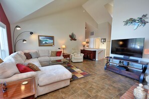 Smart TV, caminetto, lettore DVD, libri