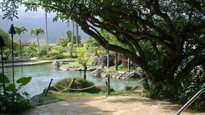 A hot spring area with a stone pathway, lush greenery, and a small pool. - Hanalei Bay Resort Ocean Front Unobstructed Bali Hai View!  (princeville)