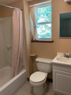 Bañera con ducha, toallas, jabón, papel higiénico