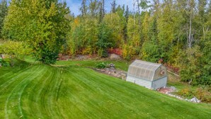 A well-maintained lawn with a small shed and a birdhouse in a forested area. - Mountain Vista Retreat, Excellent Views, Private entrance and living area (Palmer)