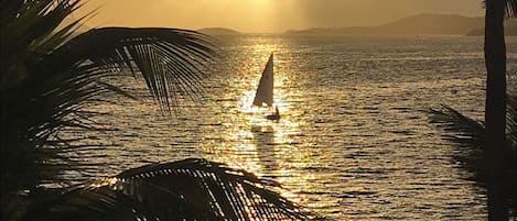 On the beach, sun-loungers, beach towels