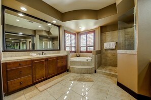 Combined shower/tub, hair dryer, towels, soap