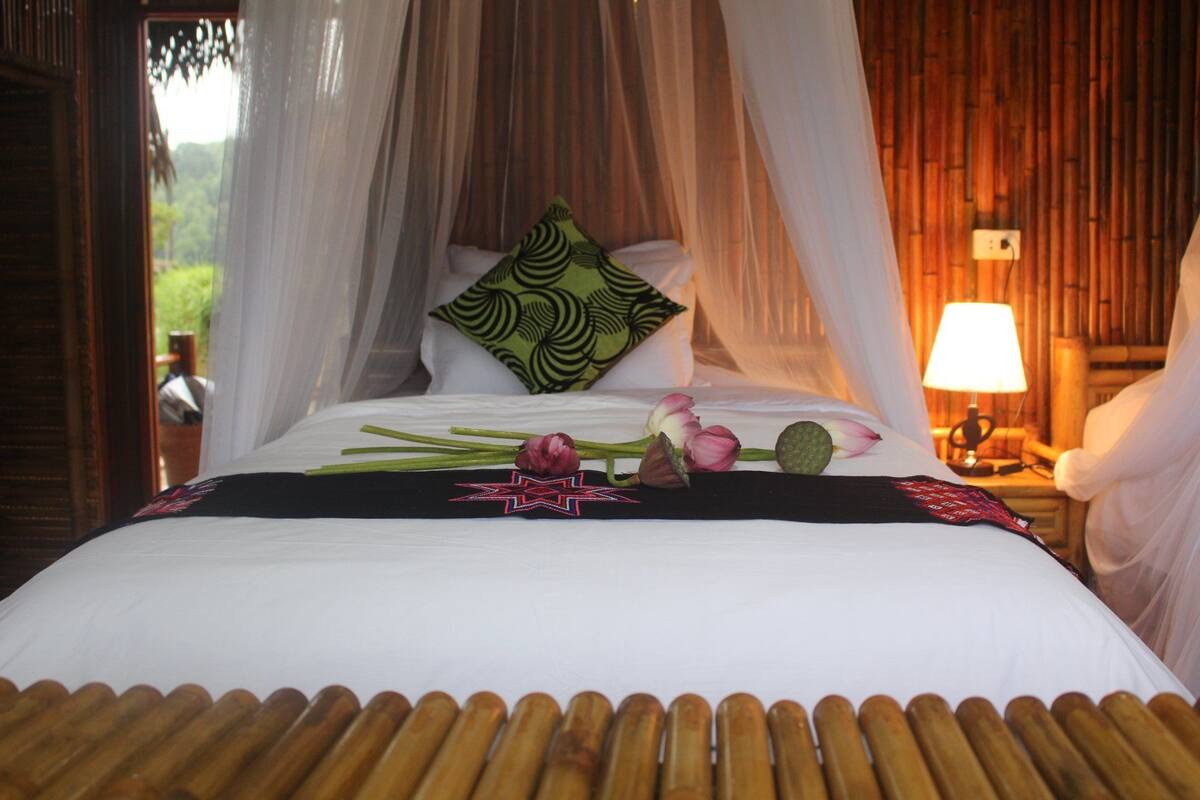 A bed with a canopy, a green pillow, and a bedside lamp.