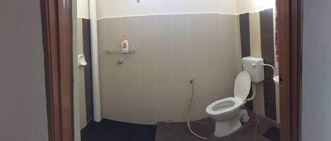 A small bathroom with a toilet, a glass shelf with a bottle, and a shower area.