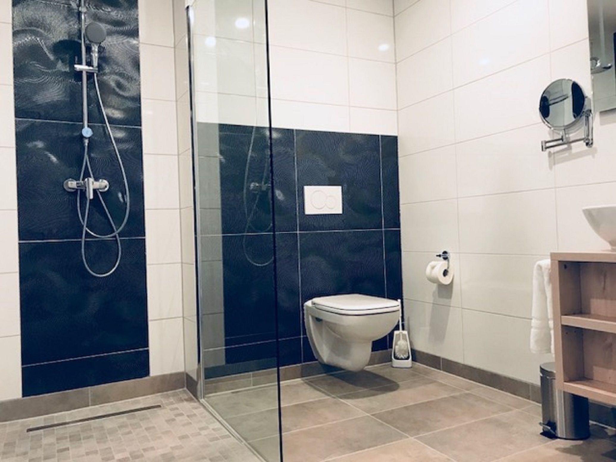 shower, rainfall showerhead, free toiletries, hair dryer