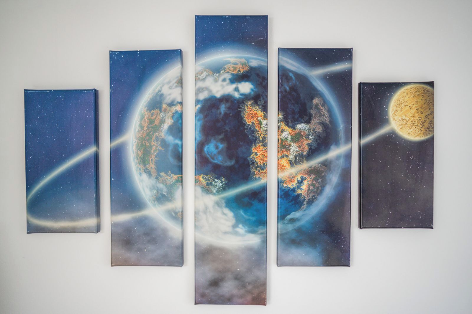 A series of five rectangular artworks depicting celestial scenes.