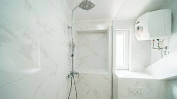 A modern bathroom with a shower, a sink, and a mirror.