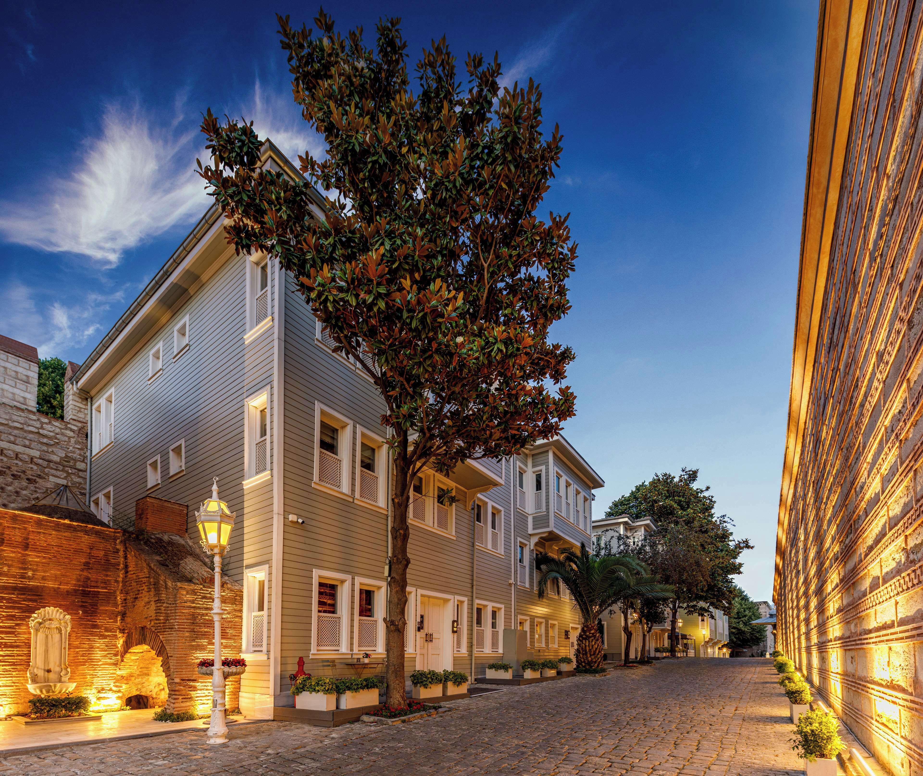 A cobblestone street lined with historic buildings, featuring a tree in the center, a street lamp, and a brick wall with a decorative archway.