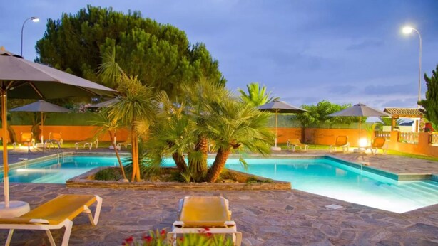 A poolside area with lounge chairs and umbrellas, surrounded by palm trees and a stone patio. - Le California Motel (Vico)