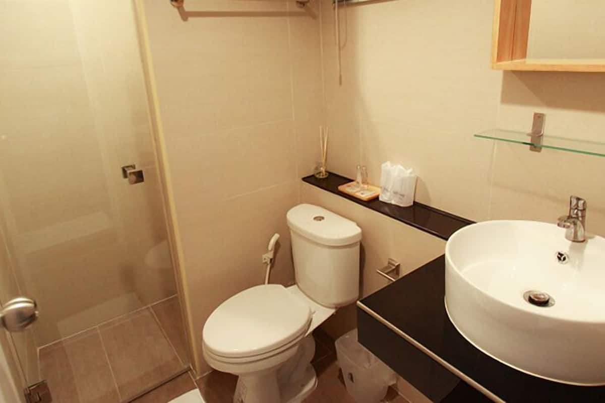 shower, free toiletries, hair dryer, towels